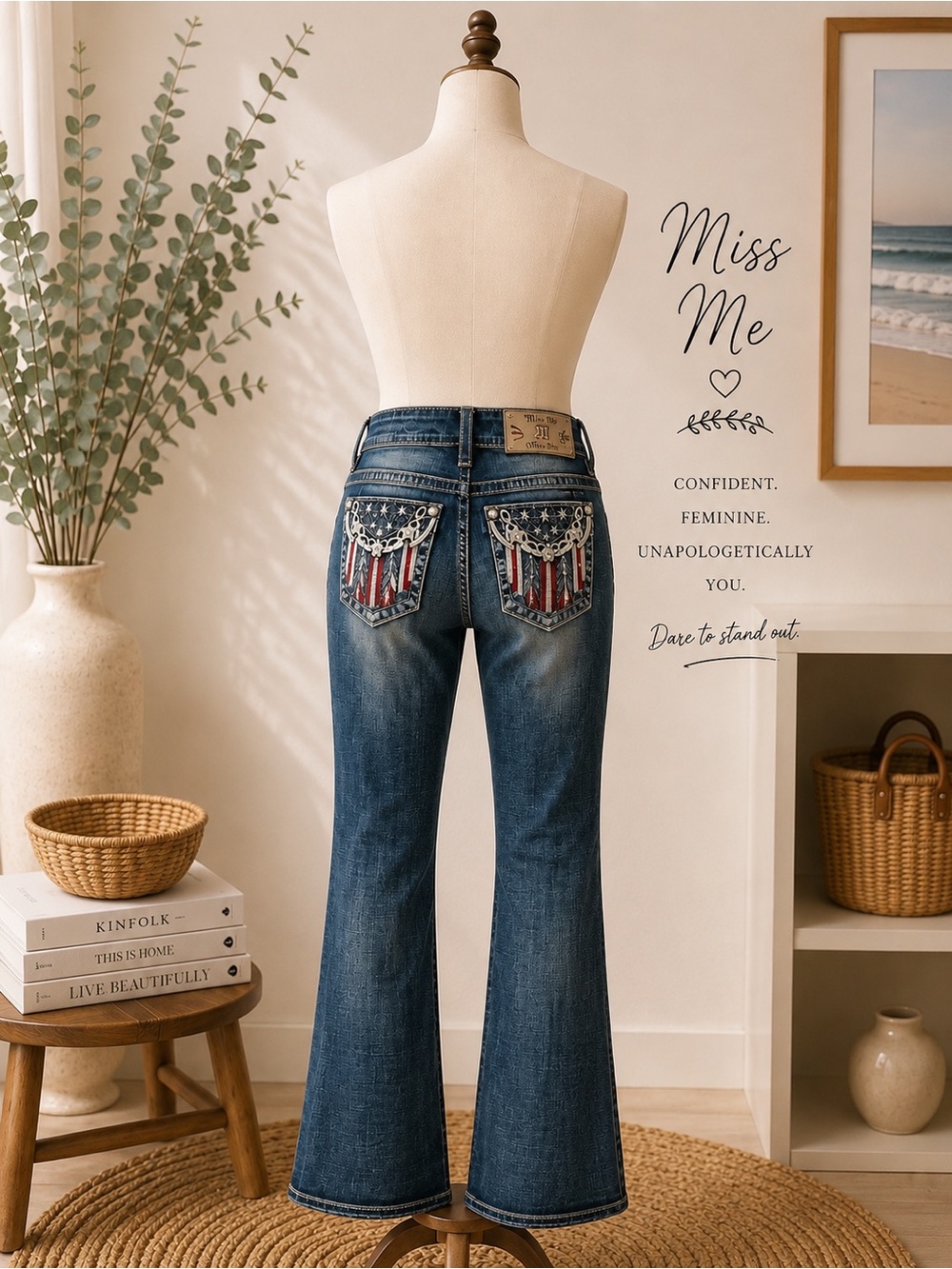Miss Me Mid Rise Bootcut Jeans 28x34 Patriotic Pocket EUC Denim